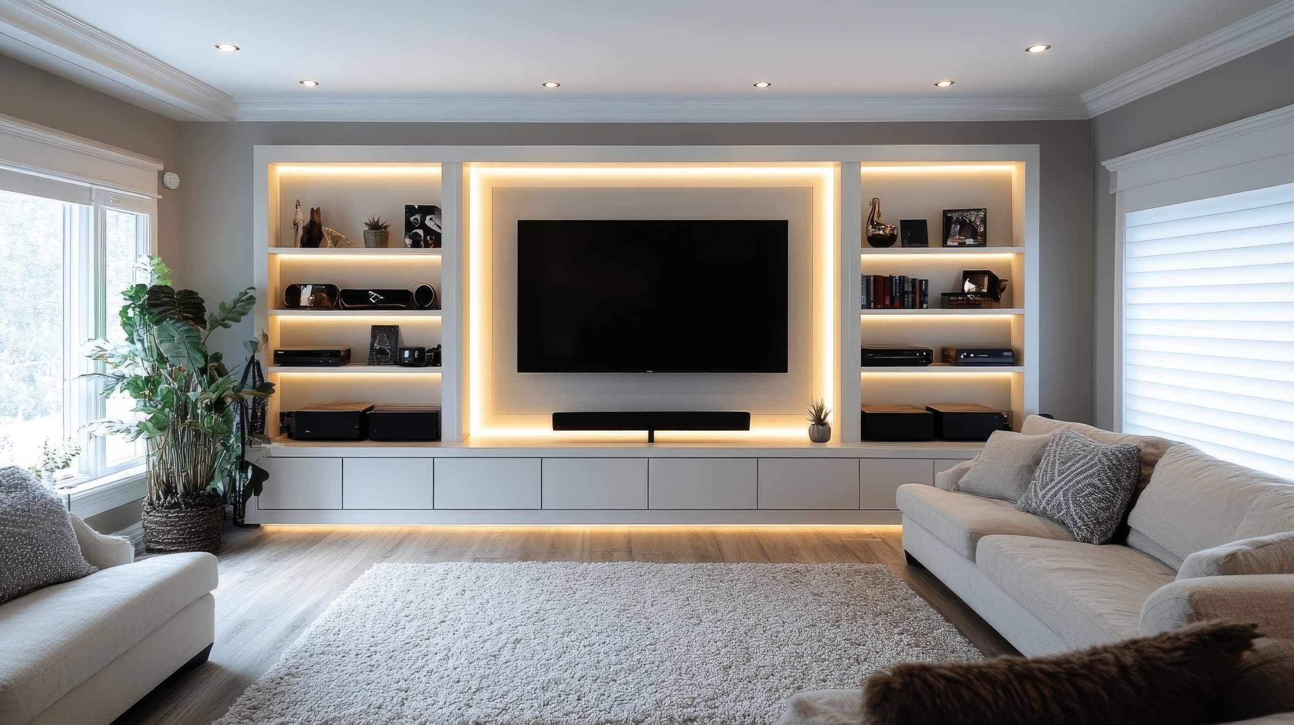 A modern entertainment unit with adjustable shelving for various media devices